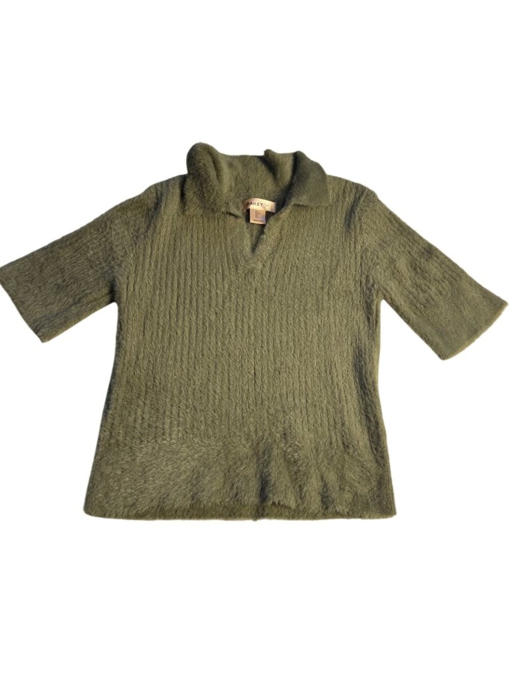 Bailey 44 Womens Green Rib Knit Fuzzy Cropped Sweater With Short Sleeves Size L